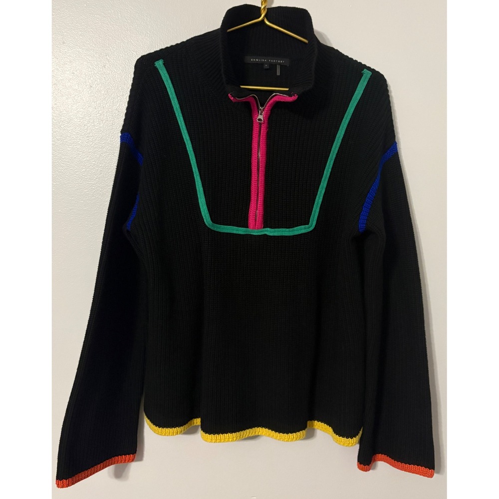 English Factory Womens Black Colorblock Ribbed Knit Half Zip Sweater Large